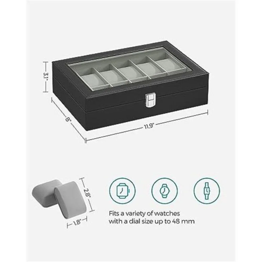 Watch Box, 12-Slot Watch Case Organizer with Large Glass Lid